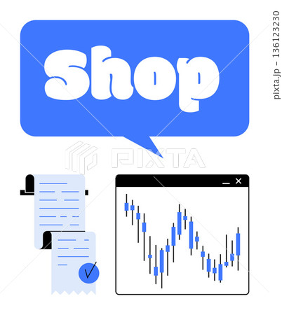 E-commerce, retail analytics, financial planning, market trends, shopping data, sales tracking. Speech bubble with shop, receipt with checkmark market chart. Retail analytics and financial planning 136123230