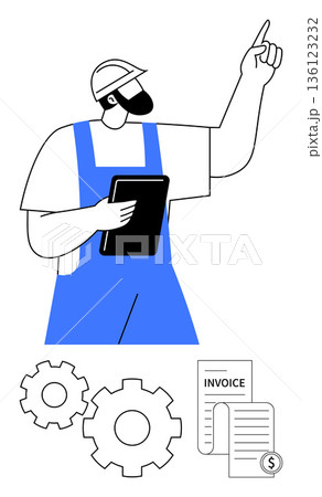 Industrial workflow, business operations, project management, financial planning, invoicing, worker productivity. A worker holding a tablet with gears and invoice imagery. Industrial workflow 136123232