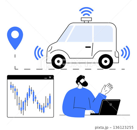 Smart transportation, autonomous driving, navigation systems, data visualization, driver monitoring, future mobility. Driver using a laptop with a VR headset beside signals of an autonomous car 136123255