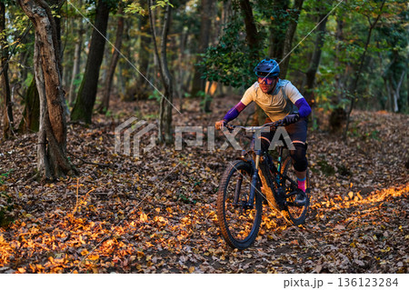 Mountain Biker Rides Through Autumn Forest Trail With Helmet and Protective Gear Mountain Biker Rides Through Autumn Forest Trail With Helmet and Protective Gear 136123284