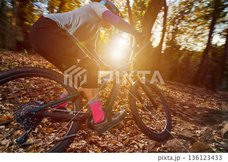 Mountain Biker Riding Through Autumn Forest at Sunset, Wearing Bright Pink Socks and Helmet 136123433