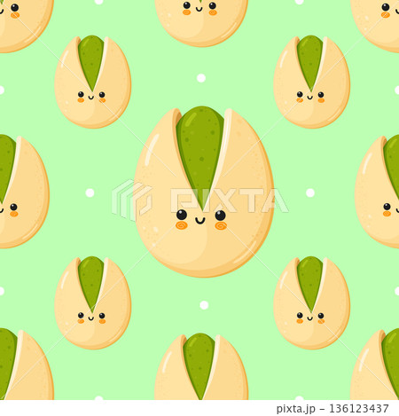 Cute cartoon pistachio nuts seamless pattern on green background Cute cartoon pistachio nuts seamless pattern on green background 136123437