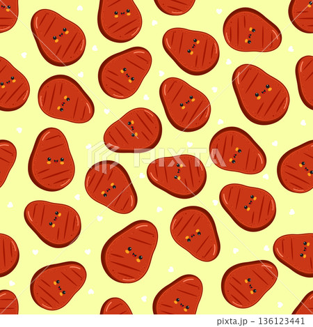 Cute cartoon grilled steak seamless pattern background 136123441