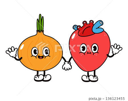 Cartoon onion and heart characters holding hands Cartoon onion and heart characters holding hands 136123455