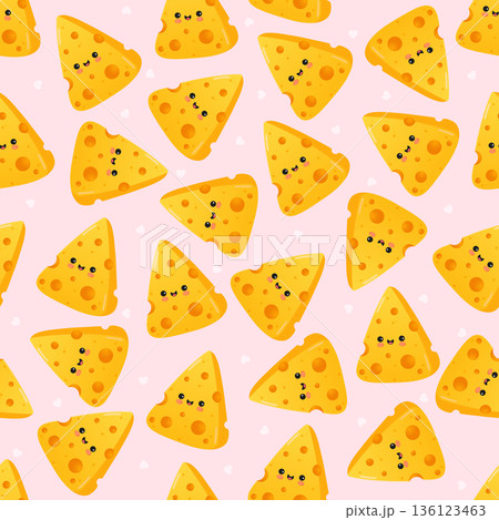Cute smiling cheese slices seamless pattern on pink background Cute smiling cheese slices seamless pattern on pink background 136123463