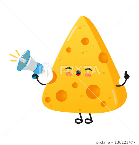 Cheese character shouting through megaphone making announcement 136123477