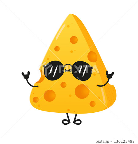 Yellow cheese character wearing sunglasses doing rock on gesture 136123488