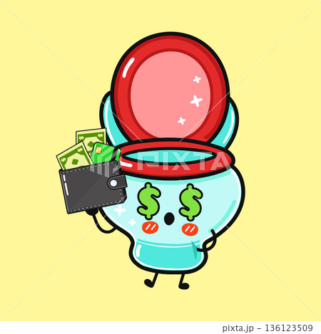 Toilet character holding wallet full of money, wasting finance 136123509