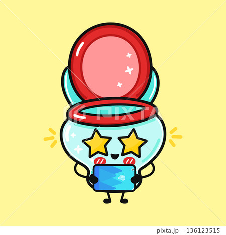 Cute toilet character holding smartphone with star eyes 136123515
