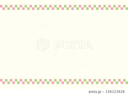 ひな祭りなど春の和のイベントに使える市松模様風の上下飾りフレーム素材　春色の和風な飾り罫つき背景画像 136123626