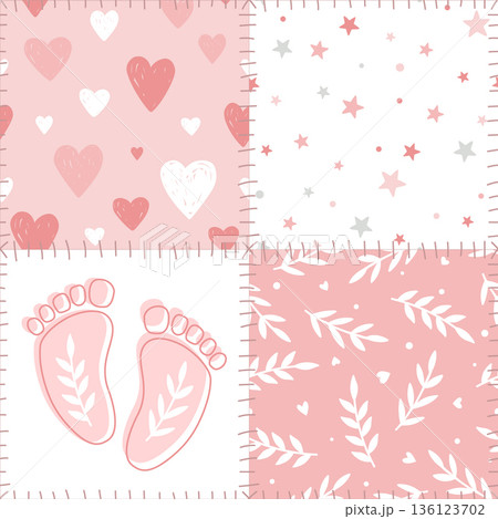 Seamless patchwork pattern with kawaii newborn girl pastel symbols and stylized sews. Hearts, footprints, stars, and leaves. Vector illustration. 136123702