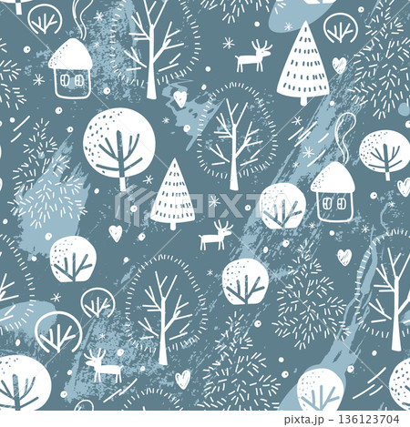 Seamless pattern with icy wood. Frosty snowy forest winter background. Hand drawing Vector illustration. 136123704