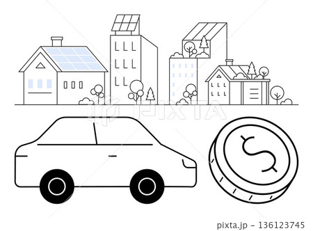 Sustainable energy, eco-friendly living, green transportation, renewable resources, cost efficiency, financial planning. Solar-panel buildings, car coin symbol. Sustainable energy and eco-friendly 136123745