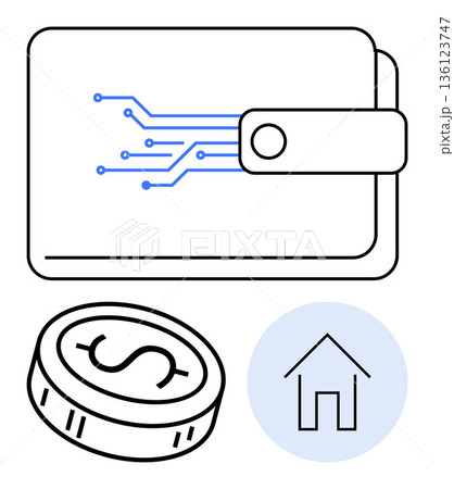Cryptocurrency, fintech, blockchain, electronic payments, investment, finance. Digital wallet with circuit lines, coin with dollar sign minimal home icon. Cryptocurrency and fintech illustrated 136123747
