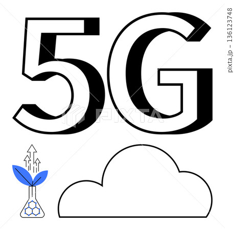 5G networks, sustainable technology, innovation, cloud computing, connectivity, future technology. Large 5G text, a cloud and a plant in a flask eco-friendliness. 5G networks and sustainable 5G networks, sustainable technology, innovation, cloud computing, connectivity, future technology. Large 5G text, a cloud and a plant in a flask eco-friendliness. 5G networks and sustainable 136123748