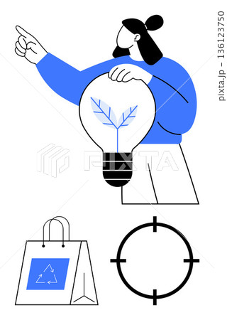Sustainability, ecological solutions, eco-awareness, renewable energy, recycling, innovation. Person holding light bulb with plant symbol, shopping bag with recycling logo, and target symbol 136123750