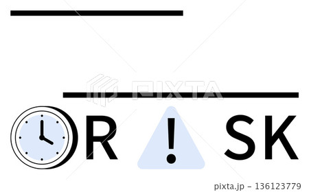 Time management, risk analysis, decision making, urgency, alertness, prioritization. Image features a clock, warning icon and the word Risk split with design elements. Time management and risk 136123779