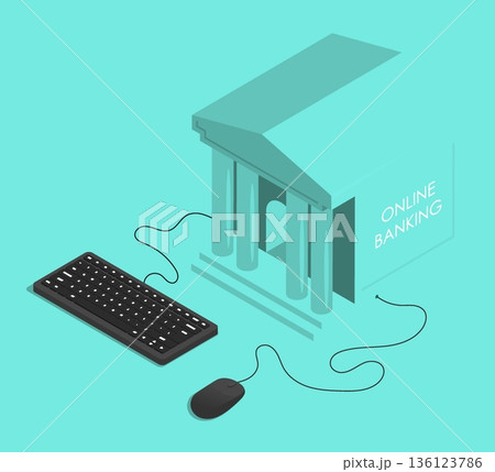 Isometric bank connected to an online payment system and high tech Internet banking. Isolated cartoon vector on green background top view 136123786