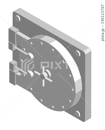 Isometric cosed entrance to bank vault protected by thick armored door with combination lock and screw handle. Isolated cartoon vector on white background top view 136123787