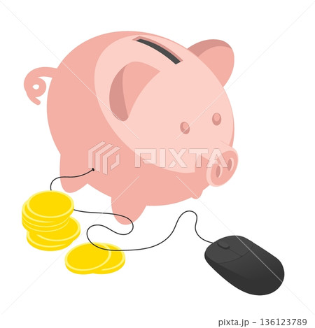 Isometric piggy bank is connected to a computer mouse for online banking services. Isolated cartoon vector on white background top view Isometric piggy bank is connected to a computer mouse for online banking services. Isolated cartoon vector on white background top view 136123789