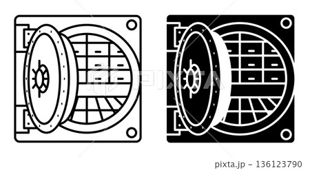 Linear icon. Opened entrance to bank vault with armored door and strong lock. Simple black and white vector symbol isolated on white background 136123790