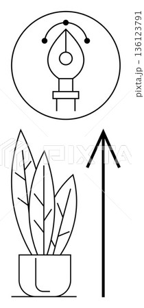 Graphic design, creativity, growth, innovation, inspiration, technology. Vector showing a pen tool icon, an upward arrow and a plant pot. Creativity and growth concept 136123791