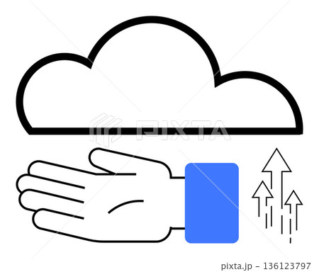 Technology, cloud services, data storage, cloud computing, digital transfer, business solutions. Open hand below a cloud with upward arrows. Cloud computing and data storage concept 136123797