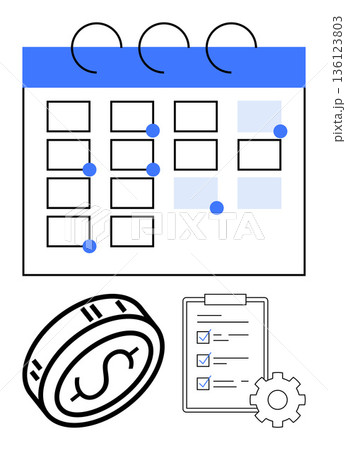 Budgeting, planning, time management, goal tracking, finance organization, task prioritization. Calendar with marked dates, coin symbol checklist with gear icon. Budgeting and planning concepts 136123803