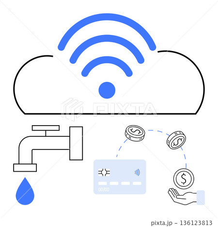 Digital transactions, fintech, resource management, cloud computing, financial flow, sustainability. Cloud icon, faucet dripping water money and card. Digital transactions and fintech concept 136123813
