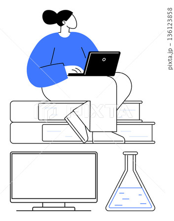 Online learning, education, research, remote work, digital workspace, science. Woman with laptop sitting atop books, monitor and flask. Education and research in digital workspace setting 136123858