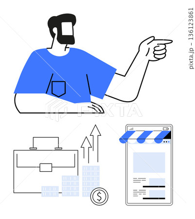 E-commerce, business growth, sales analysis, online retail, financial planning, entrepreneurship. A man pointing, graphs with upward arrows money stacks and a mobile storefront. E-commerce E-commerce, business growth, sales analysis, online retail, financial planning, entrepreneurship. A man pointing, graphs with upward arrows money stacks and a mobile storefront. E-commerce 136123861