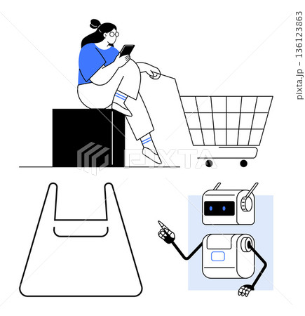 Online shopping, digital retail, robotic assistance, checkout systems, customer service, automation. Woman using smartphone with cart, robot pointing and shopping bag symbol. Online shopping 136123863