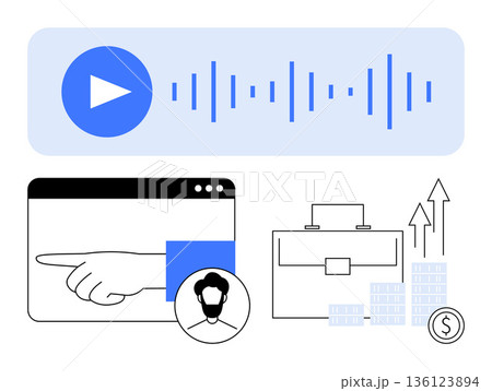 Audio streaming, user interaction, business analytics, communication, financial growth, digital media. Visual elements a play button, sound wave pointing hand and financial icons. Audio streaming 136123894