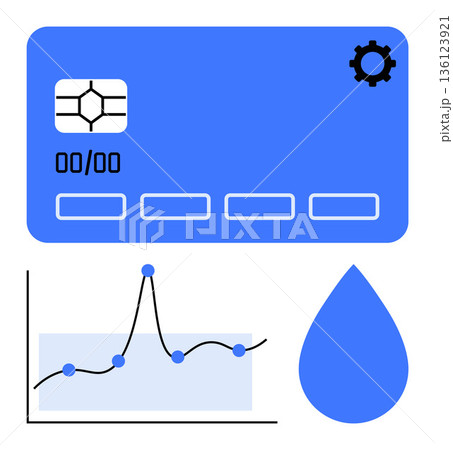Digital finance, technology trends, data analytics, service industries, card security, renewable resources. Blue payment card with a chip, line graph and water droplet icon. Digital finance Digital finance, technology trends, data analytics, service industries, card security, renewable resources. Blue payment card with a chip, line graph and water droplet icon. Digital finance 136123921