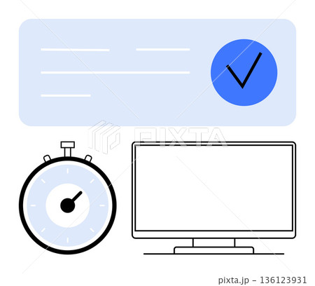 Time management, productivity, digital workflows, project tracking, online services, task approval. Stopwatch, monitor and checkmark symbol on a light background. Time management and productivity 136123931