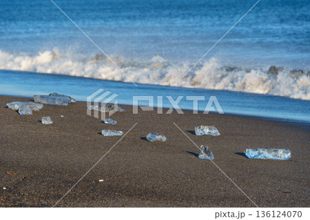 大津海岸に打ち上がるジュエリーアイス 北海道十勝川河口　自然風景 136124070