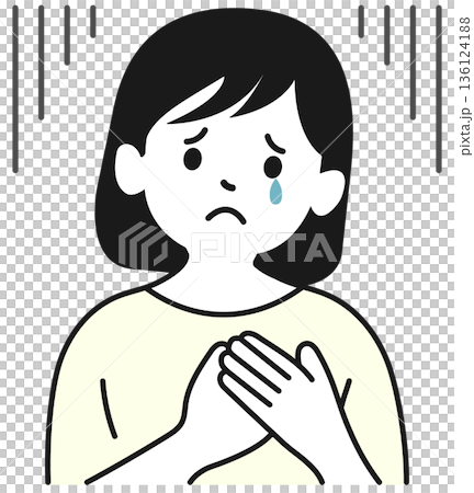 Woman with hand on chest worried Woman with hand on chest worried 136124188