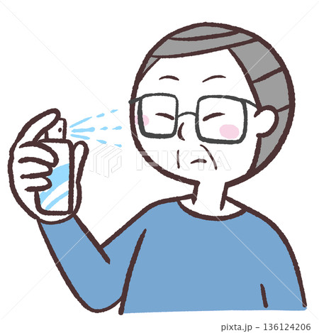 顔にスプレーかけるシニア男性のイラスト 136124206