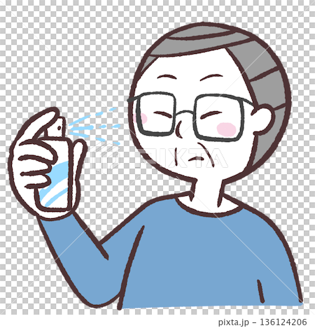 顔にスプレーかけるシニア男性のイラスト 136124206