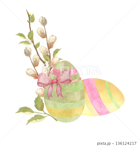 Watercolor Easter Egg Composition with Spring Branch and Bow Watercolor Easter Egg Composition with Spring Branch and Bow 136124217