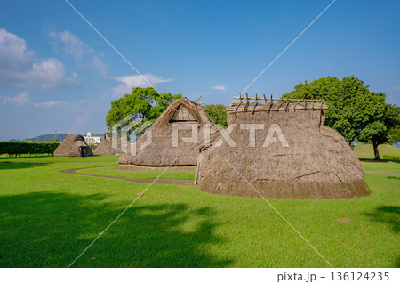橋牟礼川遺跡の竪穴式住居の風景（指宿市） 136124235