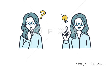 疑問からひらめきへ　考える女性とアイデアの電球　問題解決コンセプトのベクターイラスト 136124285