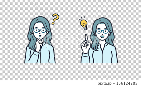 疑問からひらめきへ　考える女性とアイデアの電球　問題解決コンセプトのベクターイラスト 136124285