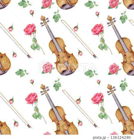 Seamless pattern with hand painted watercolor violins, red roses and green leaves . Vintage romantic background for fabric and wrapping paper 136124290