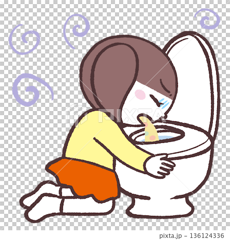 Illustration of a girl vomiting in the toilet 136124336