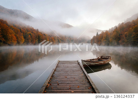 Wooden pier on calm lake with autumn forest. AI-generated item 136124337
