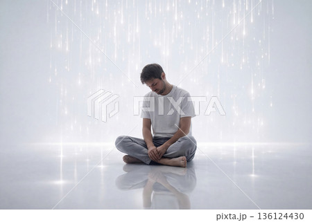 Sad man sitting under falling magical light rain. AI-generated item 136124430