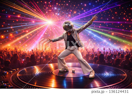 Man with disco ball at head dancing at party. AI-generated item 136124431