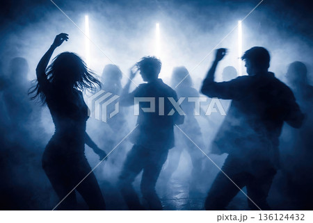 Silhouettes of young people dancing in nightclub. AI-generated item 136124432