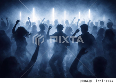 Silhouettes of young people dancing in nightclub. AI-generated item 136124433